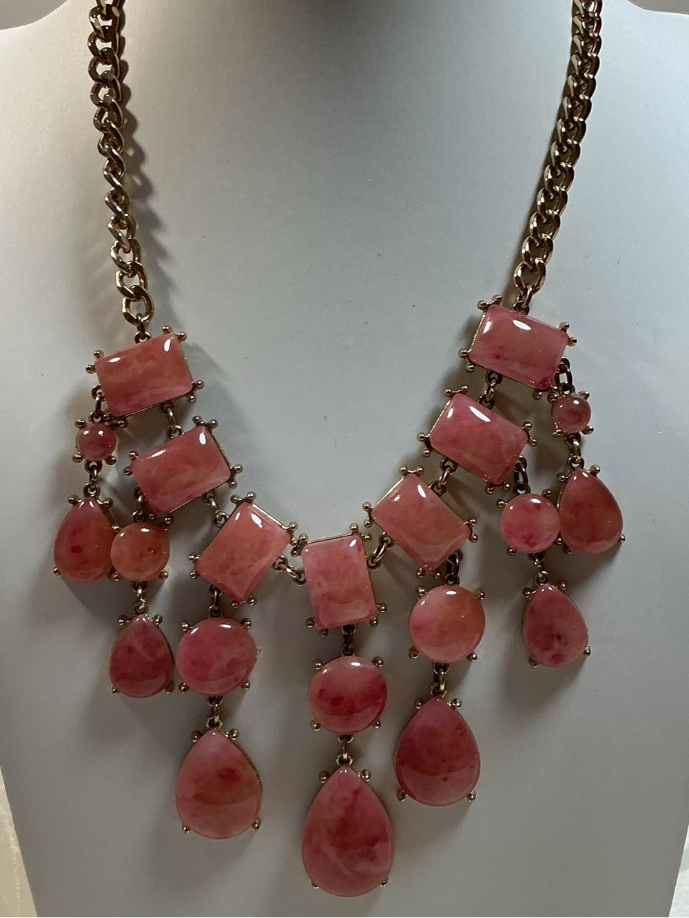 Dyed Pink Agate Waterfall Fringe Teardrop Gold Tone Bib Statement Necklace